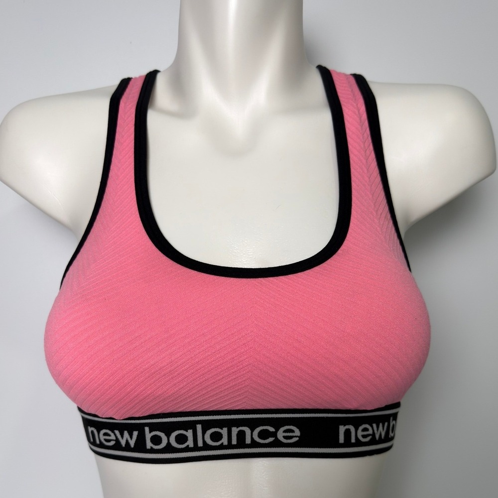 New Balance Pink Racerback Sports Bra Logo Band Textured Cutout Small